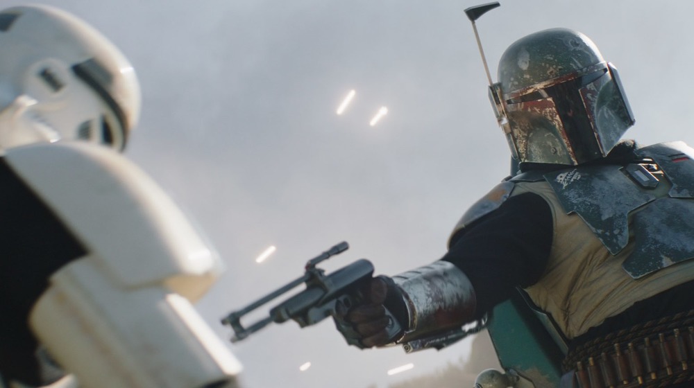 Boba Fett shooting a Stormtrooper in The Mandalorian