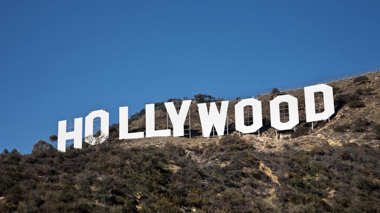 Hollywood sign with blue sky behind