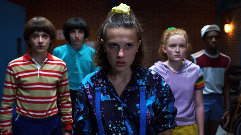 Eleven leading the group in Stranger Things