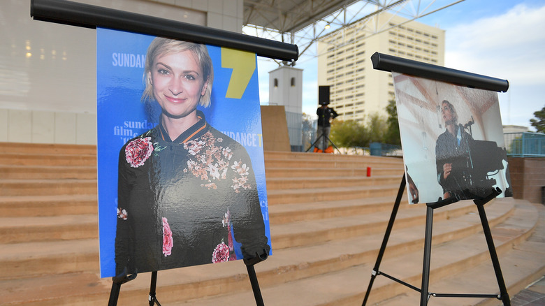  Photos of cinematographer Halyna Hutchins are displayed before a vigil held to honor her at Albuquerque Civic Plaza on October 23, 2021 in Albuquerque, New Mexico.