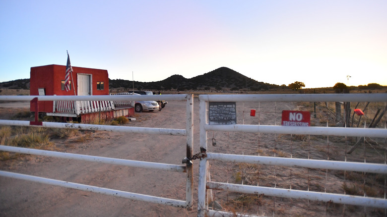 A general view shows a locked gate at the entrance to the Bonanza Creek Ranch on October 22, 2021 in Santa Fe, New Mexico. Director of Photography Halyna Hutchins was killed and director Joel Souza was injured on set while filming the movie "Rust" at Bonanza Creek Ranch near Santa Fe, New Mexico