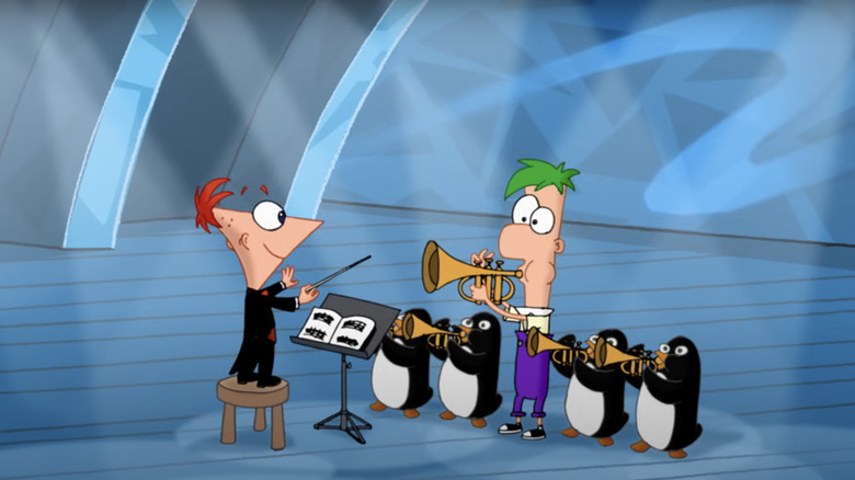 Phineas conducting Ferb and penguins