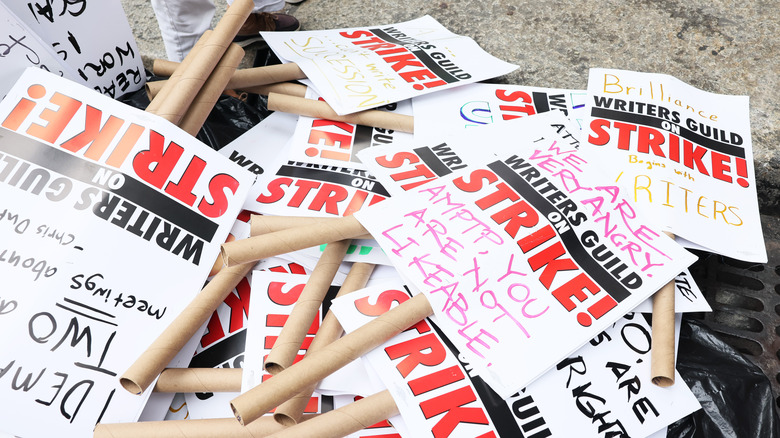 Strike signs in a pile