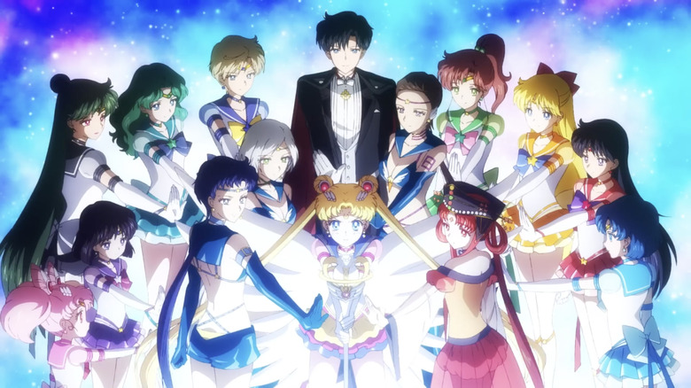 Sailor Moon, Tuxedo Mask, and Sailor Guardians united