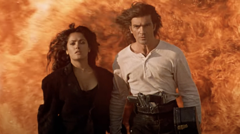 Salma Hayek, Antonio Banderas walking away from explosion