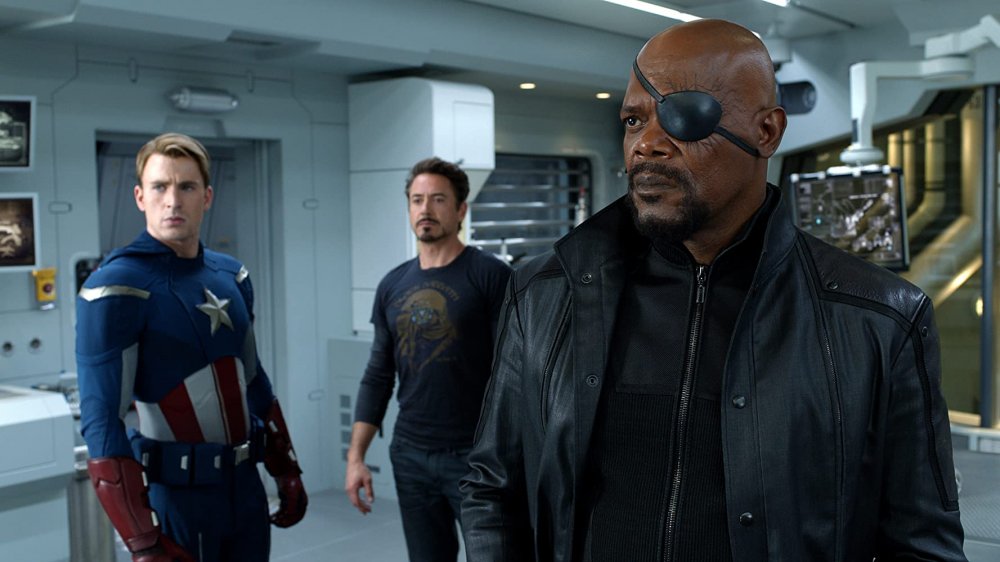 Chris Evans, Robert Downey, Jr., and Samuel L. Jackson in The Avengers