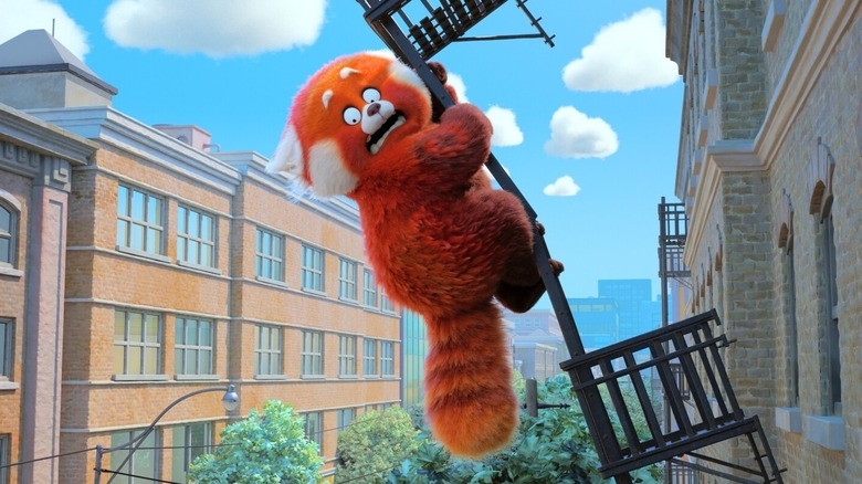 Mei Lee as a red panda holding on to a fire escape