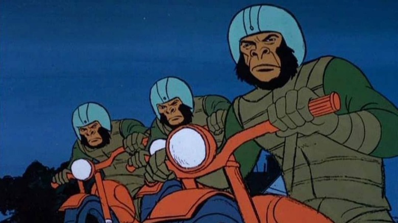 Three apes on motorcycles