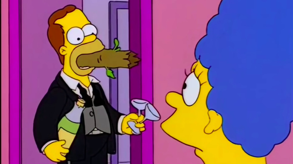 Homer with branch in his mouth and Marge