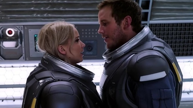 Aurora Lane and Jim Preston suit up in "Passengers" (2016)