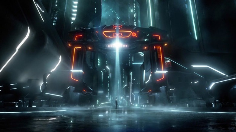 Sam Flynn is stopped by a Recognizer in "Tron: Legacy" (2011)