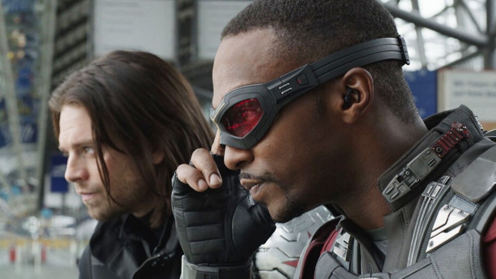 Sebastian Stan as Bucky Barnes and Anthony Mackie as Sam Wilson in Captain America: Civil War