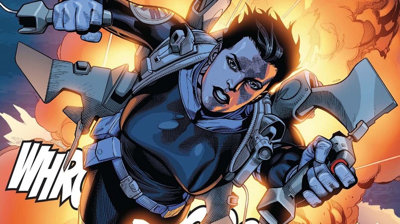 Maria Hill jumping from an explosion.