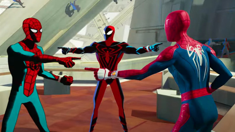 Spider-Men pointing at each other