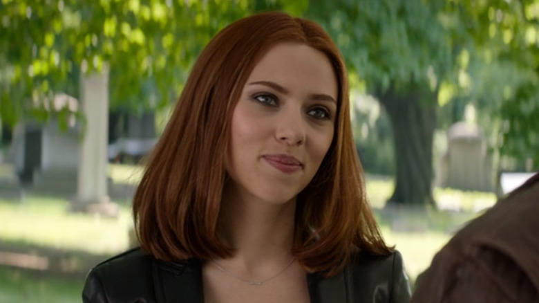 Black Widow wearing an arrow necklace in Winter Soldier