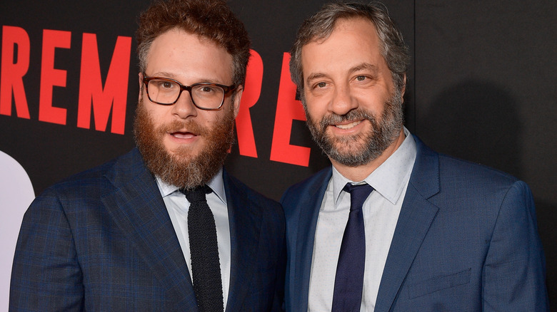 Rogen and Apatow wearing suits