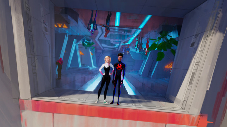 Gwen and Miles standing on Spider Society HQ ceiling