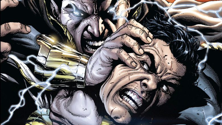 Black Adam with Shazam in a headlock