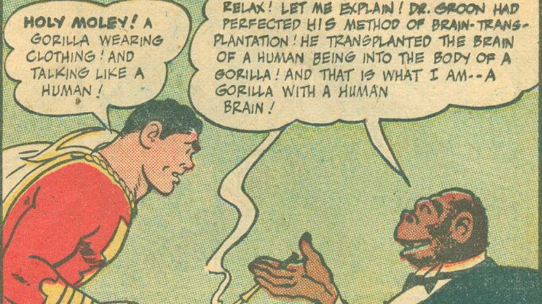 Captain Marvel chatting with dapper gorilla