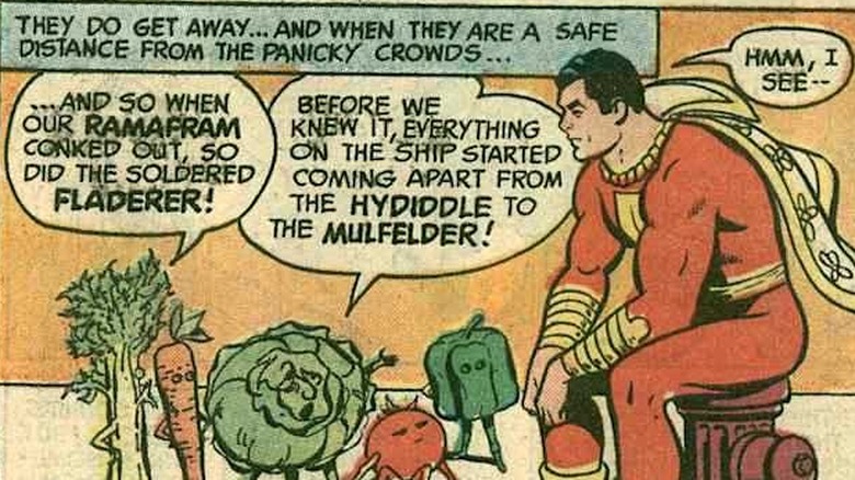 Captain Marvel talking to vegetables