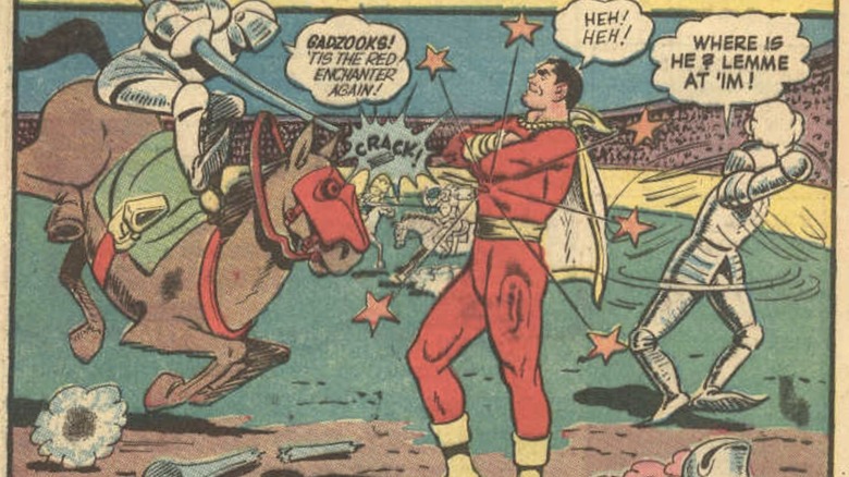 Knights jousting with Captain Marvel