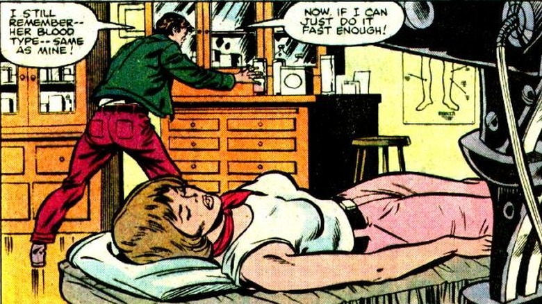 Bruce giving Jennifer a transfusion