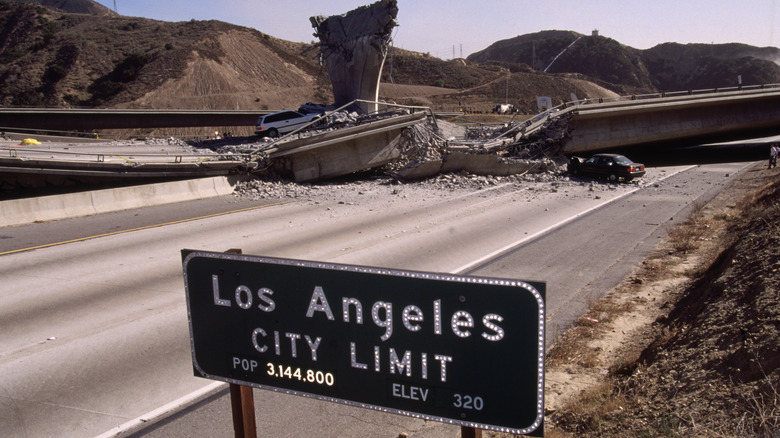 Los Angeles sign road wreckage earthquake