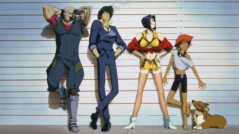 lineup of the Bebop crew (Jet, Spike, Faye, Ed, Ein)