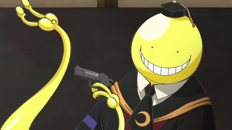 Koro-Sensei holds a gun