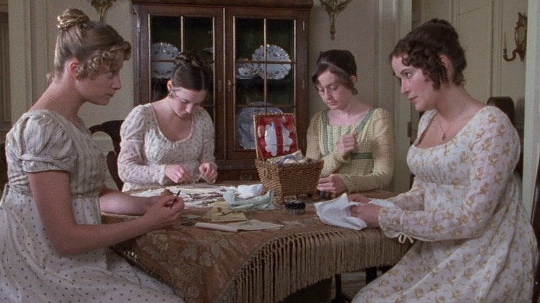 Bennet sisters embroidering at table