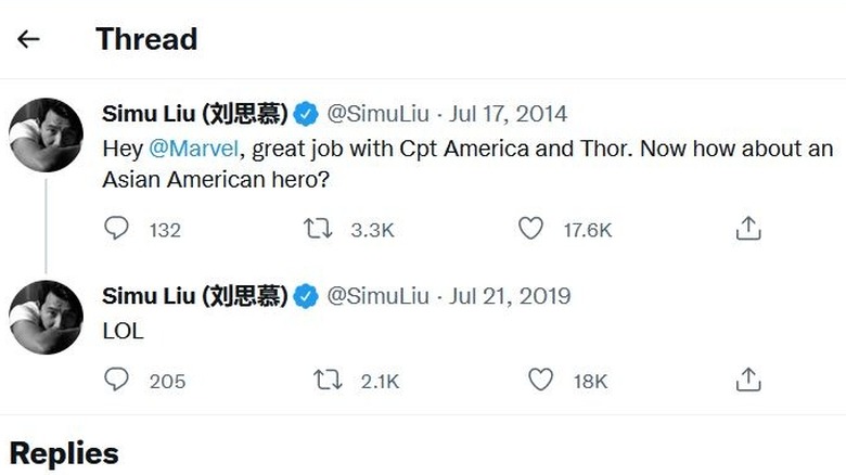 A self-fulfilling Tweet from Simu Liu to Marvel