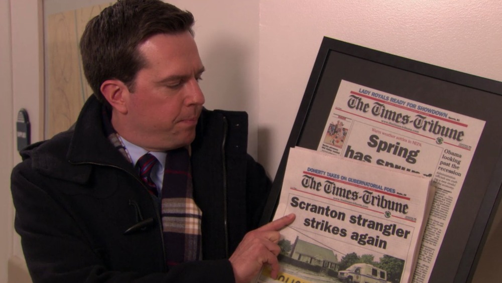 Andy Bernard with Scranton Strangler newspaper