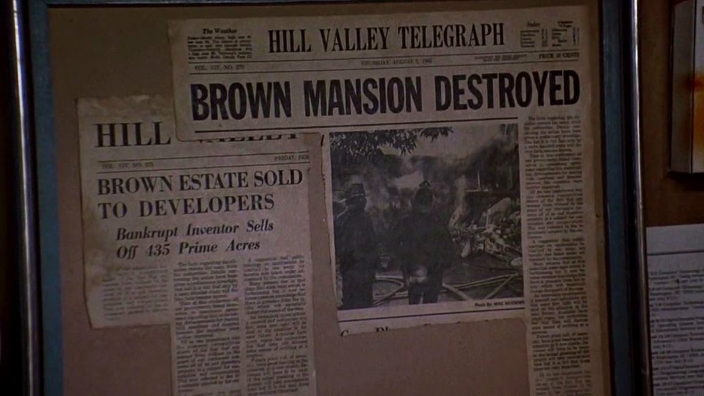 Newspaper clippings on the wall of Doc's garage in Back to the Future