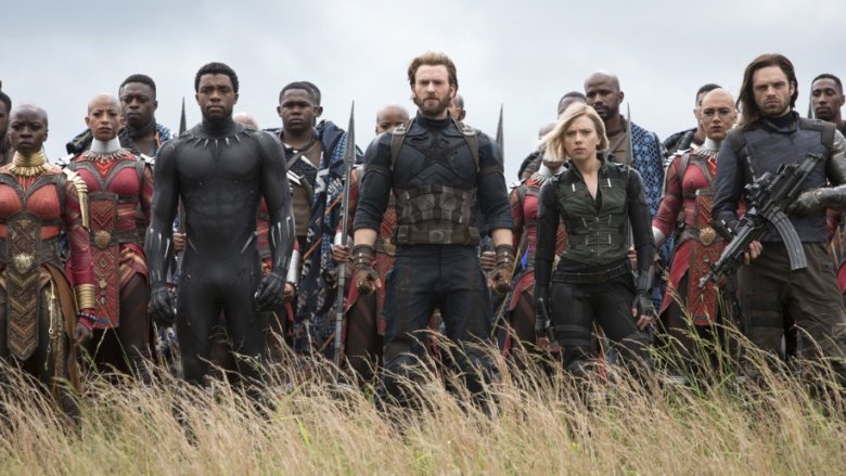 Everybody lined up in the Wakanda battle scene from Avengers: Infinity War