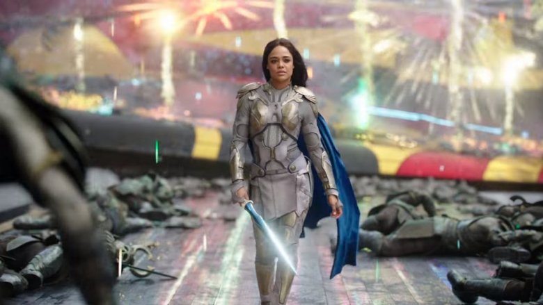 Valkyrie in Thor: Ragnarok sauntering in front of fireworks