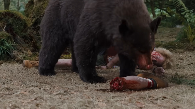 Cocaine Bear with the severed leg of a bleeding victim