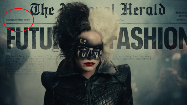 Cruella "the Future" makeup with newspaper behind her