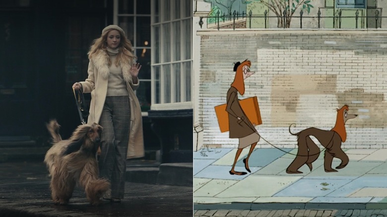 Woman walking Afghan Hound Cruella and One Hundred and One Dalmatians