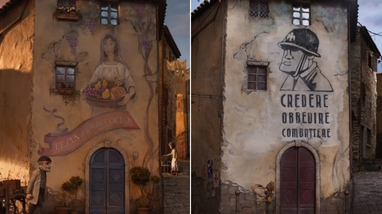 A mural reads "Festa del raccolto"/A mural reads "Credere Obbevire Comattere"