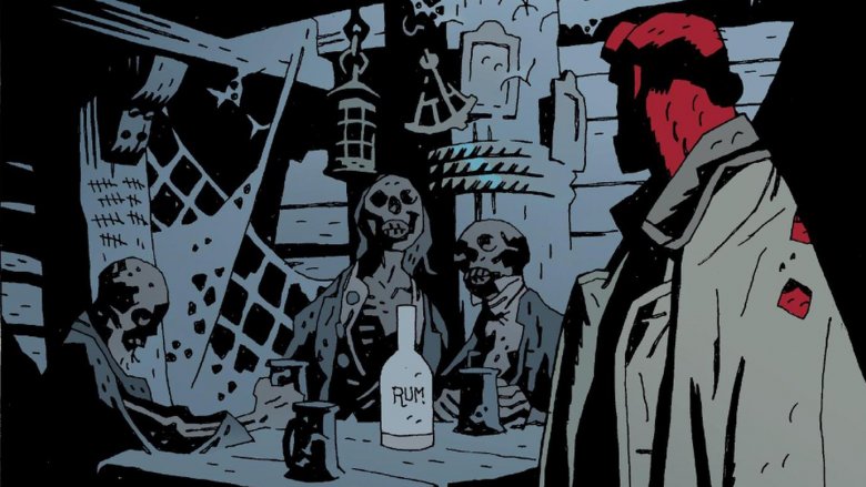 Hellboy looking at some skeletons and a bottle of rum