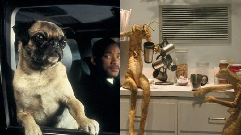 split image of Frank the Pug and the wisecracking aliens from the early MiB films