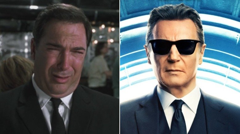 Split image of Patrick Warburton as Agent T and Liam Neeson as Agent High T