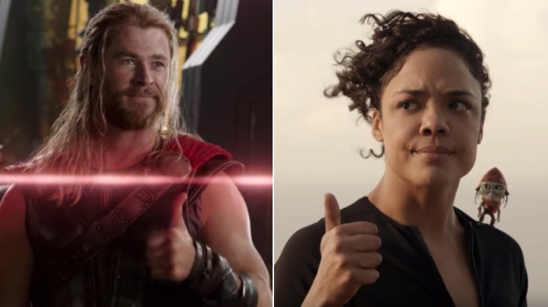 A split image of Hemsworth as Thor in Thor: Ragnarok and Thompson as Agent M in Men in Black: International