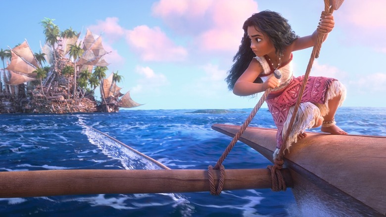 Moana tows the Kakamora island across the sea in "Moana 2" (2024)