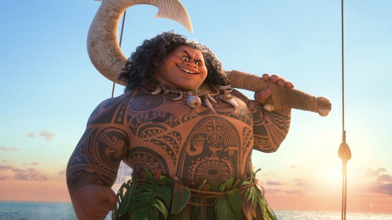 Maui rests his hook on his shoulders in "Moana 2" (2024)