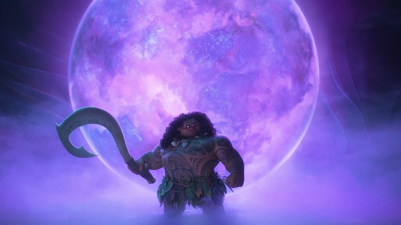 Maui holds his hook in front of a purple orb in "Moana 2" (2024)