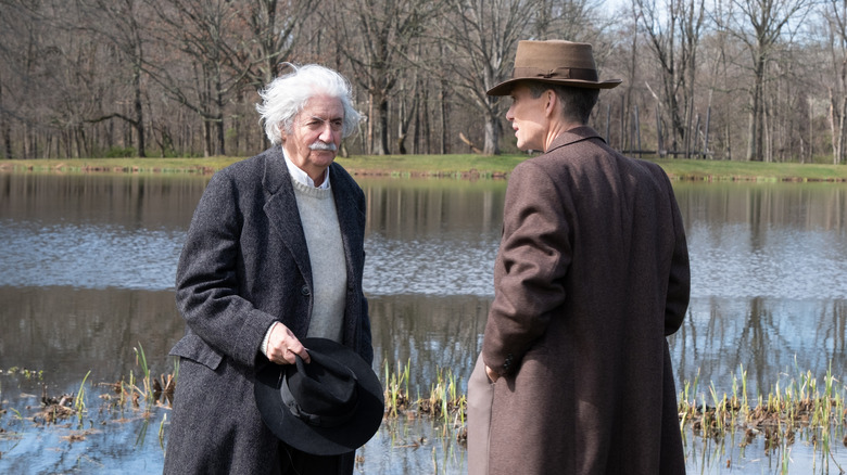 Oppenheimer and Einstein at pond