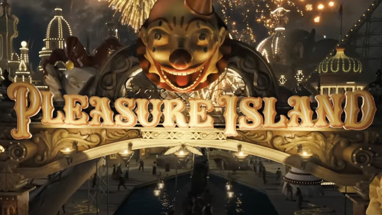 Pleasure Island sign at night