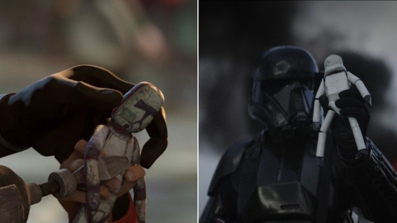 A Clone trooper toy in The Bad Batch and a Stormtrooper toy in Rogue One