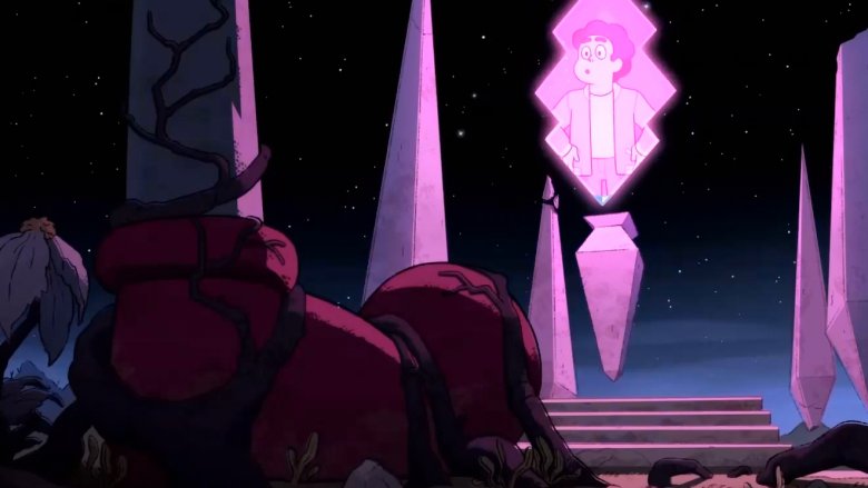 Spinel's foot and a broadcasted image of Steven Universe in "Steven Universe: The Movie"